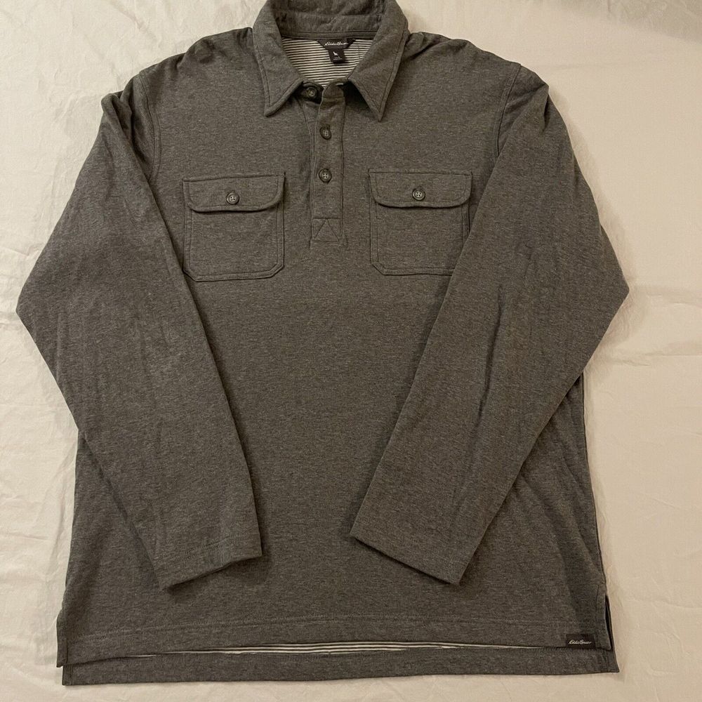 Eddie Bauer Polo Shirt Adult‎ Large Gray Long Sleeve Pullover Pockets Mens